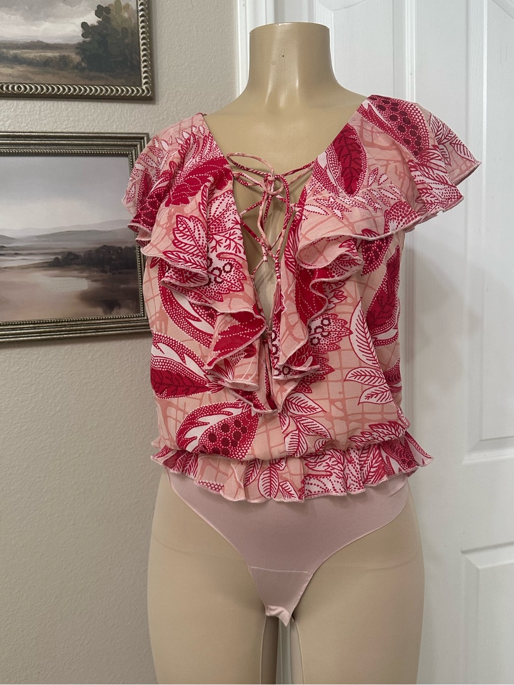 Guess Pink Floral Ruffle Tie-Front Bodysuit